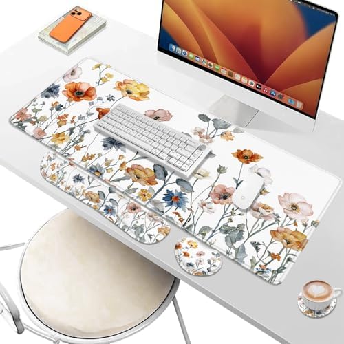 Desk Pad and Keyboard Wrist Rest, Large Mouse Pad + Keyboard Pad+Mouse Wrist Support, Non-Slip Desk Mat Protector for Office, Home 31.5×11.8 Inches Cute Floral