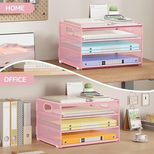 4 Tier Paper Letter Tray Pink Desk Organizer for Desk,Pink File Organizers