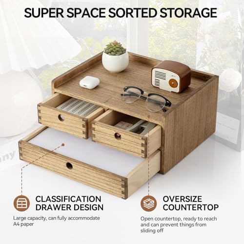 KIRIGEN Wooden Desk Organizer with 3 Drawers and Top Shelf Brown DT2D3C-DBR