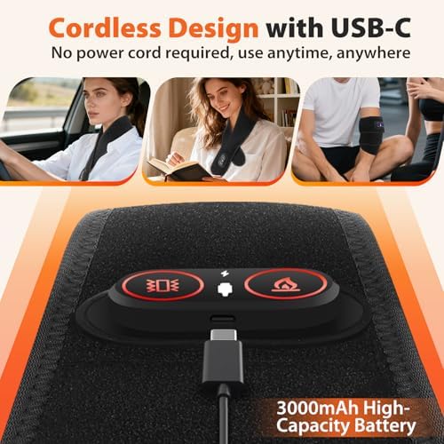 Neck Heating Pad with Massage, Heating Neck Wrap with 660nm 850nm Red Light, with 3000mAh Rechargeable, 3 Levels Heat & 3 Massage, Electric Nape Heating Pad for Soreness Stiffness