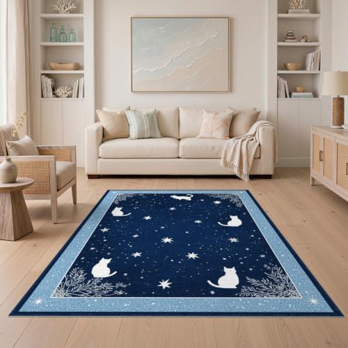 5'x7' Midnight Blue Cat Starry Design Washable Area Rug