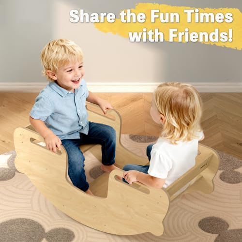 3-in-1 Kids Table and Chair and Kid Seesaw - Convertible Activity Table with Twin Chairs Montessori Balancing Toy,Teeter Board for Children,Birchwood