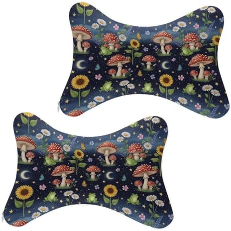 Car Neck Support Pillow Moon Mushrooms 2 Pcs Adjustable Strap Memory Foam for Car Airplane Home