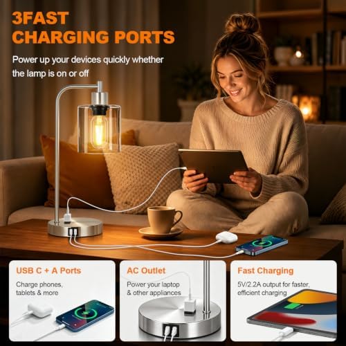 Industrial Touch Control Table Lamps Set of 2 - Brushed Nickel Nightstand Bedside Lamps with 2 USB Ports & AC Outlet, 3-Way Dimmable Desk Lamp for Bedroom Living Room, Glass Shade & LED Bulbs Included
