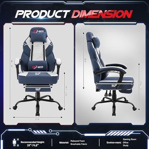 DL-win Video Gaming Chair for Adults, Computer Chair with Footrest and Ergonomic High Back, Big and Tall Gamer Chair with Massage Lumbar Support (Light Blue Fabric)