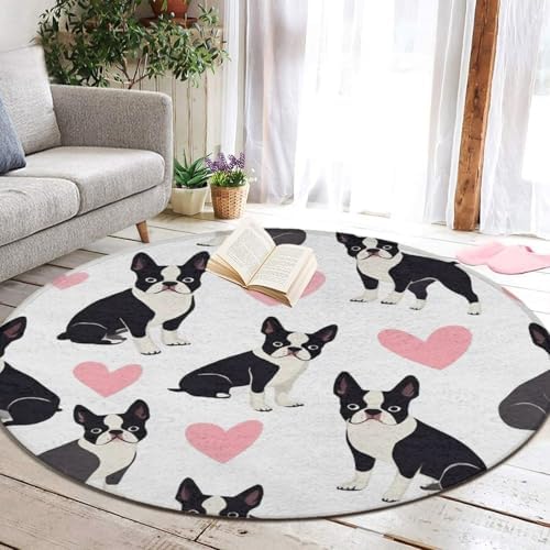 Fashion Round Area Rug Large Non Slip Carpet, Boston Terrier Bulldog Unisex Home Decor Mat