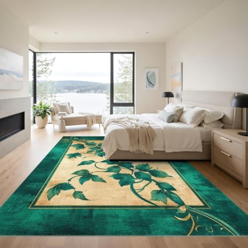 9'x12' Green Cat Cat-Inspired Vine Symmetry Washable Area Rug