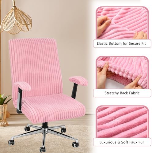 Tegeme Set of 4 Faux Fur Office Chair Covers with Armrest Covers, Pink