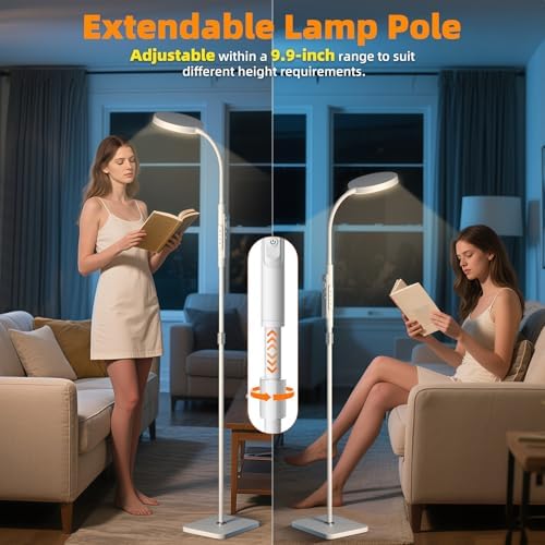 PACOVY Floor Lamp, Adjustable Height Floor Lamps for Living Room Bedroom, 252 LED Super Bright Standing Lamp Remote Control, Dimmable Gooseneck Tall Stand Reading Lamp Light for Office Craft, White
