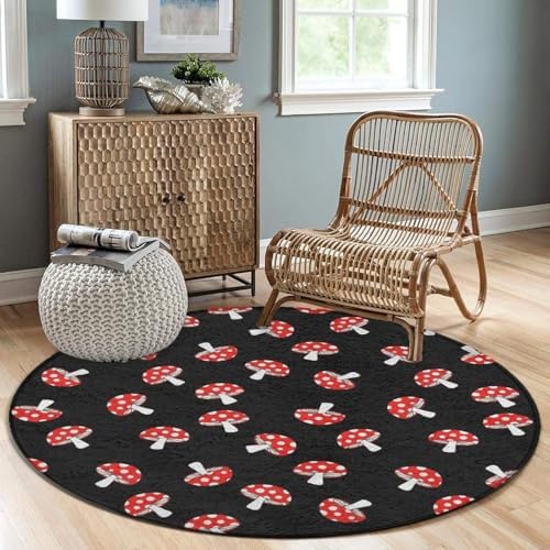 Women's Large Home Decor Mat, Soft Round Yoga Carpet, Non Slip Machine Washable Home Office Circle Rug Cute Cartoon Red Mushrooms, 36inch