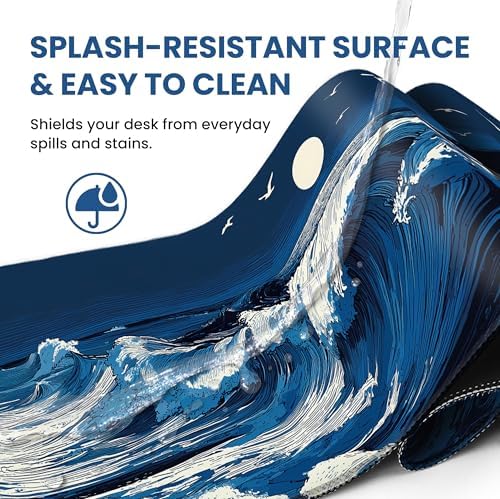 Aesthetic Desk Mat, Cute Moonlit Waves Desk Pad Protector for Work & Decor, 31.5" x 11.8", Pretty Non-Slip Extended Mouse Pad for Office or Home