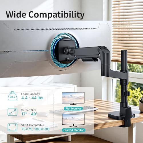 Single Monitor Arm for 17"-49" Monitors, 44 lbs, VESA 75/100, Black