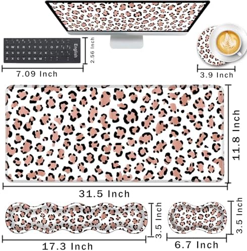 Keyboard Wrist Rest and Mouse Pad with Wrist Support Set Ergonomic Coaster,Memory Foam,Easy Typing Pain Relief,Large XL Desk Mat 31.5"x 11.8",Leopard Print