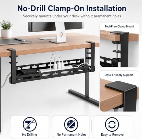 No Drill Under Desk Cable Management Tray, Adjustable 17.6"-27.4" Clamp-On Metal Cable Tray for Power Strip, Under Desk Cord Organizer and Wire Management Holder for Standing Desk, Gaming Desk, Office