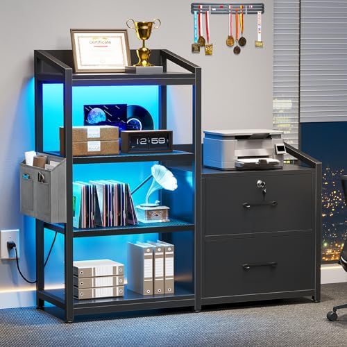 SEDETA 35.4” File Cabinet, Filing Cabinet fits Letter/A4 Size, 2 Drawe File Cabinets for Home Office with Power Strip, LED Lights, Lock, Open Shelf, Black