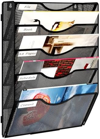 Wall Hanging File Holder 5 Pocket Wall Mounted Paper Organizer Magazine File Holder Storage Rack,Black