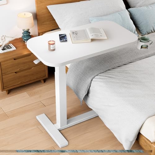 HUANUO 32Inch Bedside Table with Wheels, Height-Adjustable Rolling Computer Cart, Overbed Table with Cup Holder, Pneumatic Laptop Standing Desk for Home Office, White