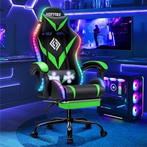 RGB Gaming Chair with Massage & Footrest Racing Style Computer Chair-Green
