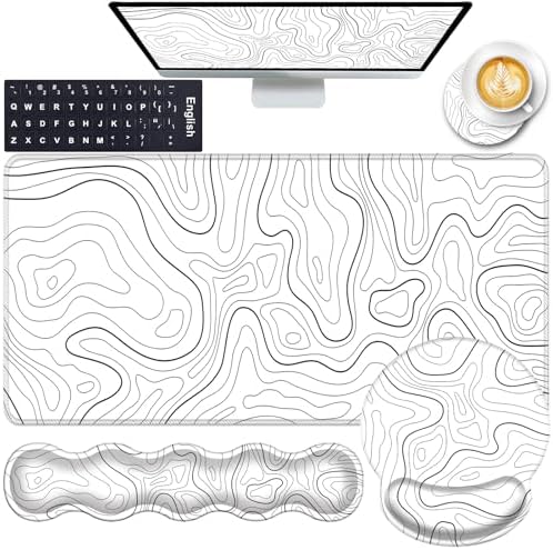 Mouse Pad,Large Pink Desk Mat, 4in1 XXL Mousepad + Keyboard Wrist Rest+Mouse Wrist Rest+Coaster Set with Ergonomic Desk Pad for Home Office Table Computer-Minimalist Topographic Map