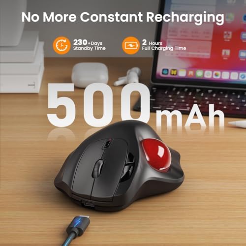 Wireless Trackball Mouse, Rechargeable Thumb Control 3 Devices - Red Ball