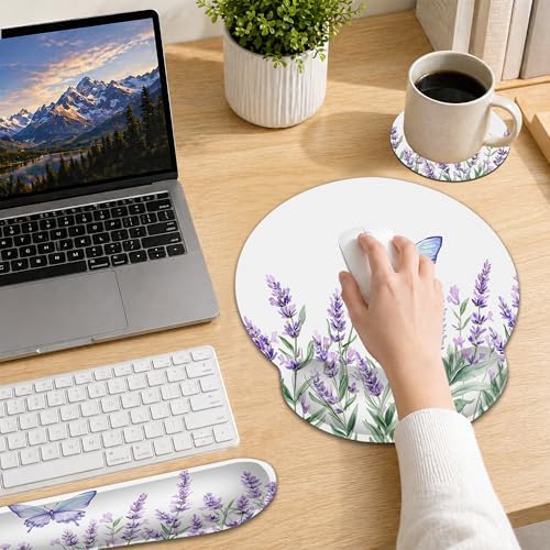 Lavender Butterfly Wrist Rest Mouse Pad and Keyboard Support Set,Purple 3 in 1 Ergonomic Memory Foam Mousepad with Non Slip Base, Gaming Mouse Pad for Office and Home