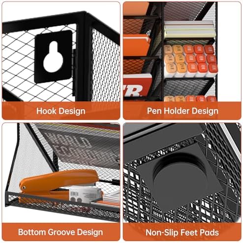 5-Tier Wall File Organizer with 4 Pen Holders and R-Shaped Tray, Black