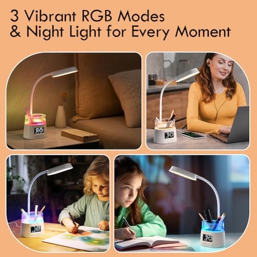 WILIT LED Desk Lamp for Home Office with Pen Holder, RGB Night Light, White