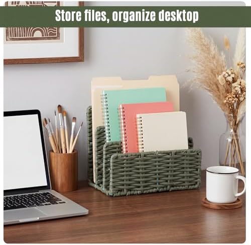 Paper Rattan Mail Organizer for Desk Mail Holder Countertop with 3 Slot Paper Rattan Letter Sorter File Holder Envelope Book Stand Farmhouse Office Desk Organizer and Storage Accessories