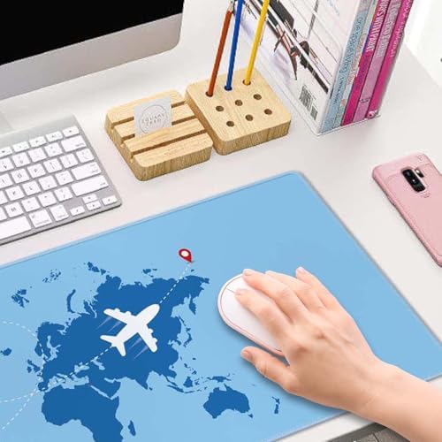 World Map with Airplane Desk Mat Blue Large Mouse Pad XL Extended Gaming Mousepad Keyboard Mouse Mat Desk Pad for Computer Laptop 31.5''X11.8'' Non-Slip Rubber Base with Stitched Edges