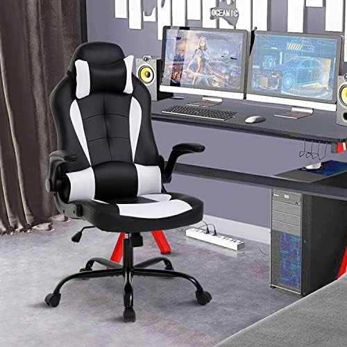 White Gaming Chair, PU Leather Comfy Office Chair for Adults, Ergonomic Desk Chair Computer Chair with Flip Up Arms, Height & Backrest Adjustable, 300 Lbs