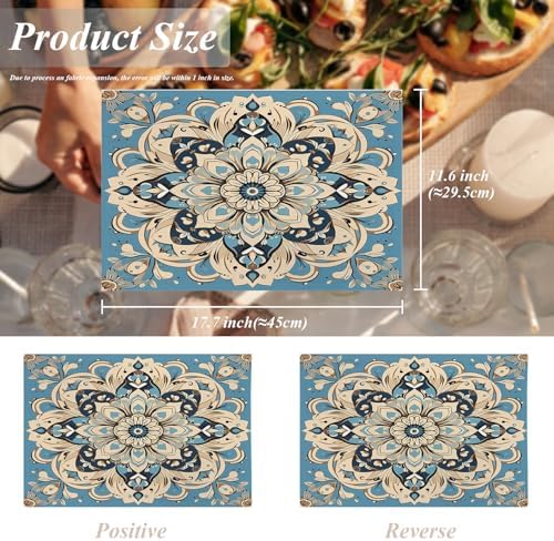 Shrahala Floral Intricate Set of 4 12 X 18 Inch Linen Placemats, Beautifully Detailed Flower Burlap Table Mat Washable Double Layered Heat Insulation for Indoor/Outdoor