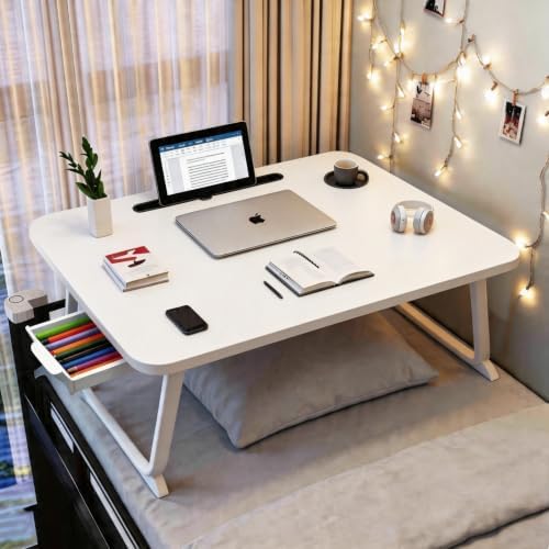27.6" Home Office Folding Lap Desk with Drawer, Tablet Slot, Cup Holder - Fits up to 18 Inch Laptops, Bed Desk for Reading, Writing, Eating, Portable Laptop Table for Sofa, Coach, Floor (White)