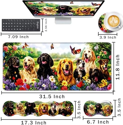 Keyboard Wrist Rest and Mouse Pad with Wrist Support Set Ergonomic Coaster,Memory Foam,Easy Typing Pain Relief,Large XL Desk Mat 31.5"x 11.8",Dog with Butterflies and Flowers