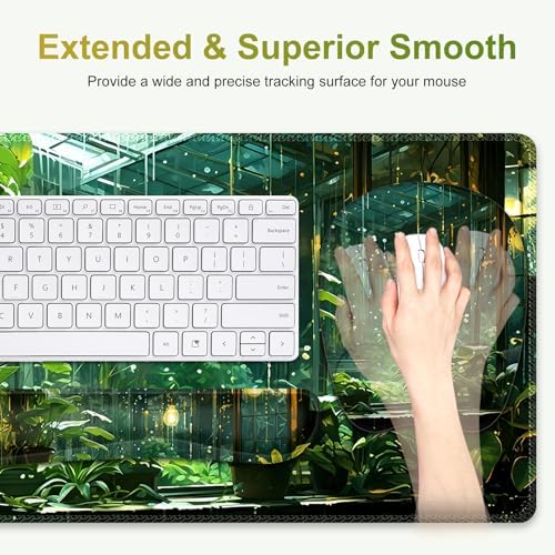 Large Mouse Pad with Wrist Support 4 in1 Set, XXL Big Game Mousepad + Keyboard Wrist Rest+Mouse Wrist Rest Pad +Coaster Gaming Mat for Women Men Home Office Computer I Green Plants Romantic Rain