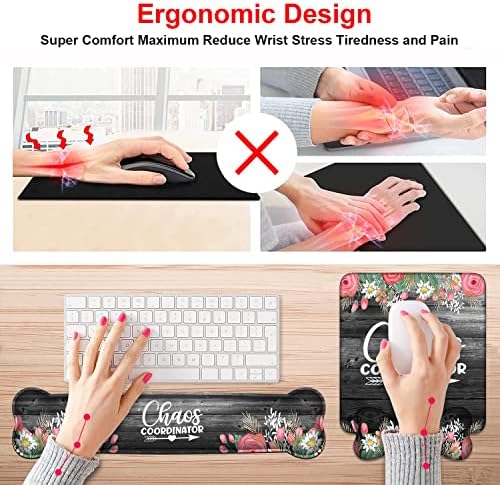 Keyboard Wrist Rest & Mouse Pad Wrist Support Set, Chaos Coordinator Quotes Colored Floral Wreath Print Design Non-Slip Rubber PU Base for Home Office Working Studying Easy Typing & Pain Relief