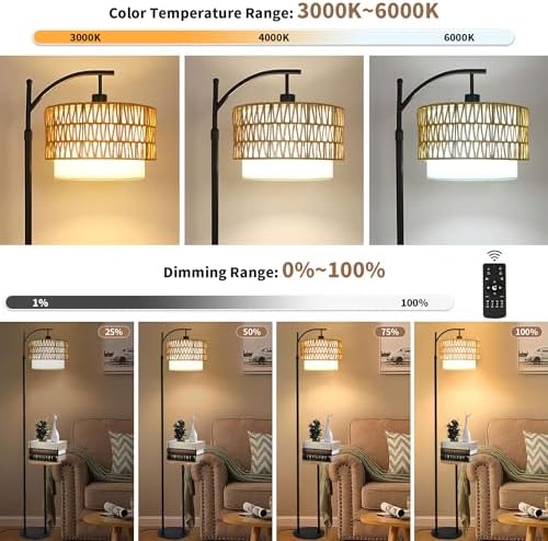 ZECOXOL Arc Floor Lamp with Table and Shelves,Rattan Boho Floor Lamp with Remote Control,Rustic Floor Lamps for Bedroom Wicker Standing Lamp with 3 Color Temperature Tall Lamp for Living Room Corner