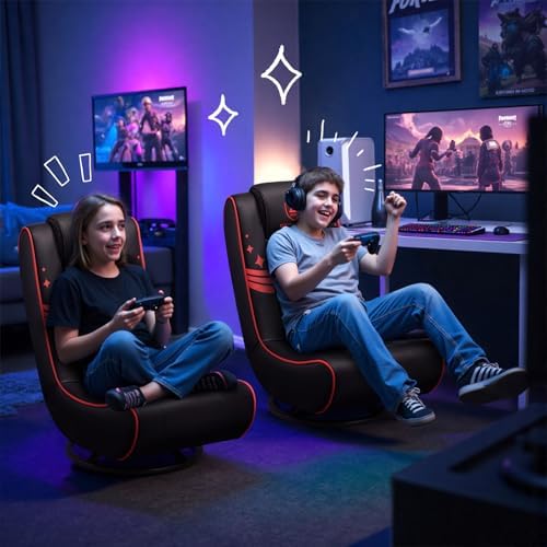 GTPLAYER Floor Gaming Chair Foldable Swivel Floor Chairs for Kids Boys Comfy Video Game Seat with 360° Multipurpose for Gamers, Bedroom or Game Room (Black-Red)