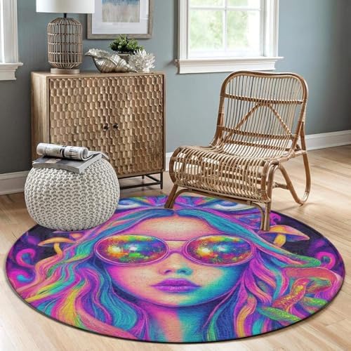 Machine Washable Modern Round Area Rug, Room Sofa Yoga Soft Round Carpet, Home Decor Non Slip Kitchen Office Circle Rug Trippy Goth Girl Mushroom Art, 60inch