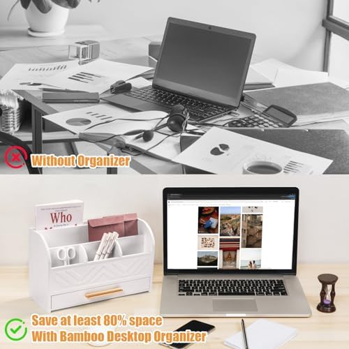 Charmewooden White Desktop Organizer with Drawer Storage, White Desk Organizer Mail Holder Mail Organizer Countertop Pen Holder Letter Sorter Make up Organizer for School Home Office Supplies