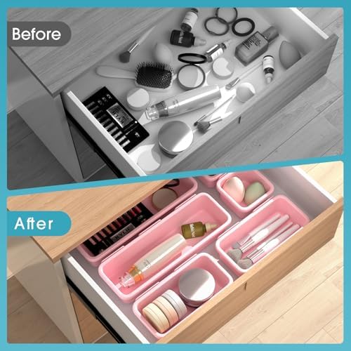 6 PCS Drawer Organizer Set, 3 Size Makeup Drawer Divider Organizer With Non-Slip Pads, Interlocking Plastic Storage Bins for Office,Jewelry Vanity,Gadgets, Bathroom,Kitchen, Pink