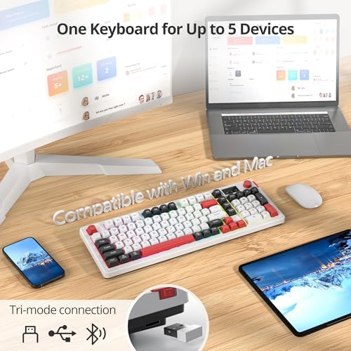 Fogruaden 96% Wireless Quiet Silent Gaming Keyboard with Number Pad & Knob, Mechanical Feel, Spill-Resistant, Multimedia Keys, Wired/BT/2.4G, USB Rechargeable Membrane Computer Keyboard for Win/Mac