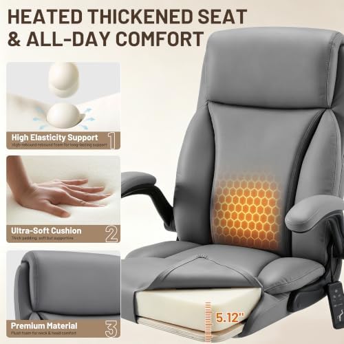 Heated Office Chair, Reclining Desk Chair with Constant Warm Heat, Big and Tall Executive PU Leather Chairs for Heavy People, Ergonomic Wider & Thicker Seat Cushion Gaming Chairs (Gray)