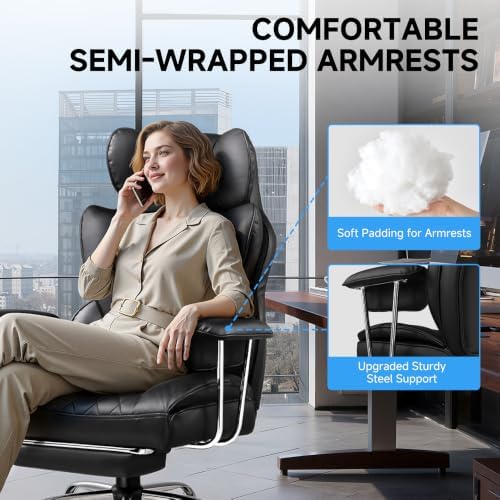 COMHOMA Big and Tall Office Chair, High Back Leather Gaming Chair with Footrest, Executive Ergonomic Office Chair with Pocket Spring Lumbar Support and with Outward Fixed Soft Armrests