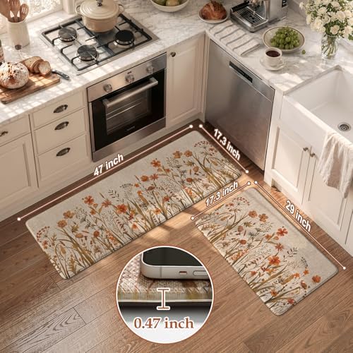 KIMODE Fall Kitchen Mats Cushioned Anti Fatigue, Orange Boho Farmhouse Rugs