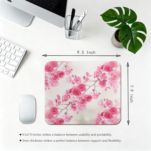 9.5x7.9 Inch Office/Gaming Mouse Pad, Pink Rose Blossom Romantic Floral Flowers Garden, Cute Anti-Slip Mat for Desk Decor