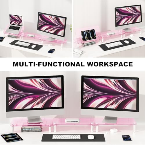 Pink Acrylic Dual Monitor Stand Riser,Laptop Riser Adjustable to 8 Angles