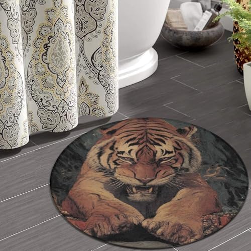 Machine Washable Modern Round Area Rug, Room Sofa Yoga Soft Round Carpet, Home Decor Non Slip Kitchen Office Circle Rug Animal King Cool Tiger Art, 24inch