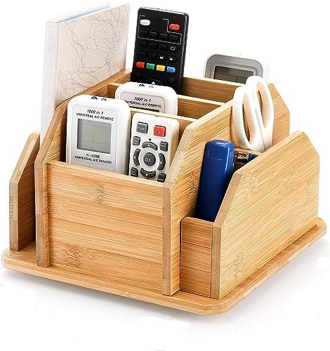 yarlung Bamboo Rotating Remote Control Holder for Table, 7 Compartments Office Supplies Organizer 360° Spinning Desktop Storage Caddy for Pen, Colored Pencil, Book Sewer, Sticky Notes