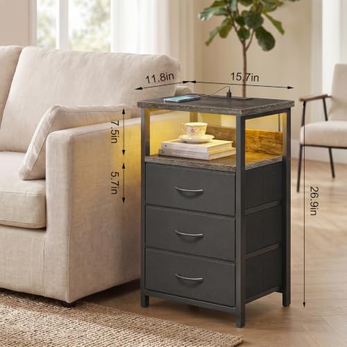 Fixwal Night Stand with 3 Fabric Drawers, Nightstand with Charging Station