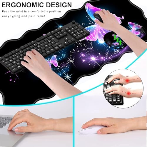 Mouse Pad with Wrist Support + Desk Mat + Coaster 3 in 1 Set, XL Large Gaming Mousepad Ergonomic Mouse Pads for Desk Computer Laptop Office,Glowing Night Pink Butterflies